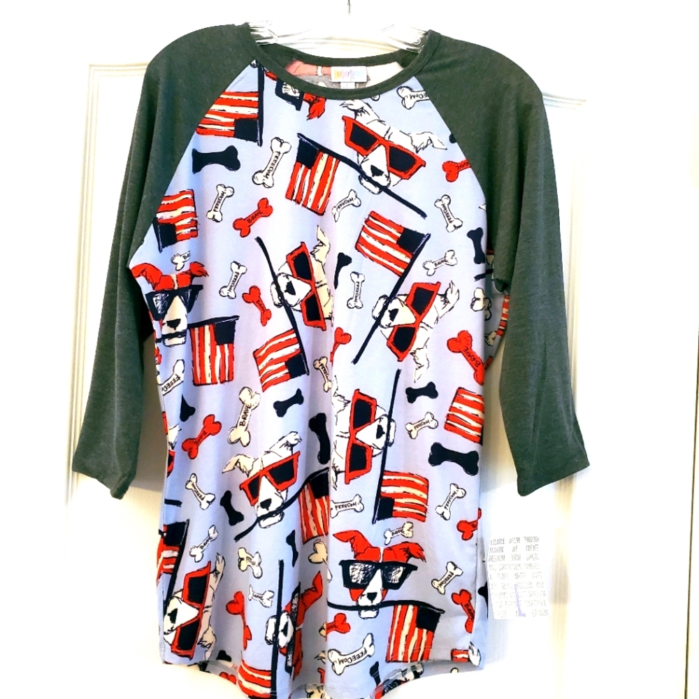Lularoe L Randy Baseball Raglan shirt Dogs UNICORN